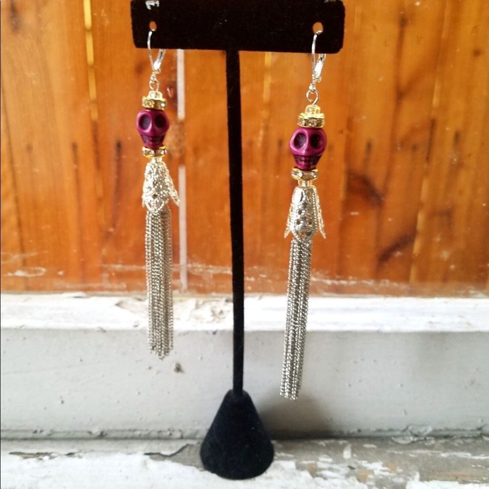 Purple Sugar Skull Tassel Earrings